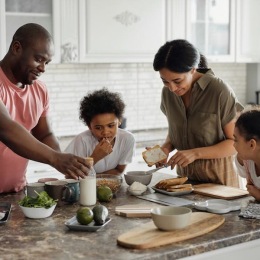 a family cooking in a kitchen